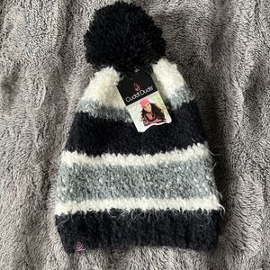 CUDDL DUDS~OS~Women's Ivory/black/grey Stripe Chenille Beanie with‎ Pom
